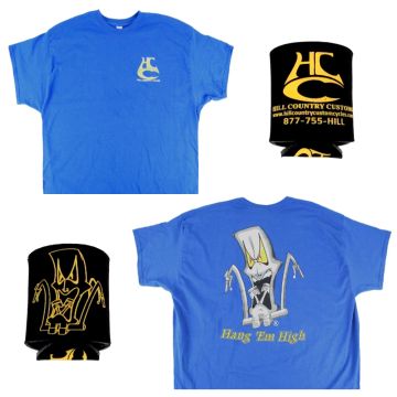 Hill Country Custom Cycles Large Blue Logo T-Shirt with Black Koozie set